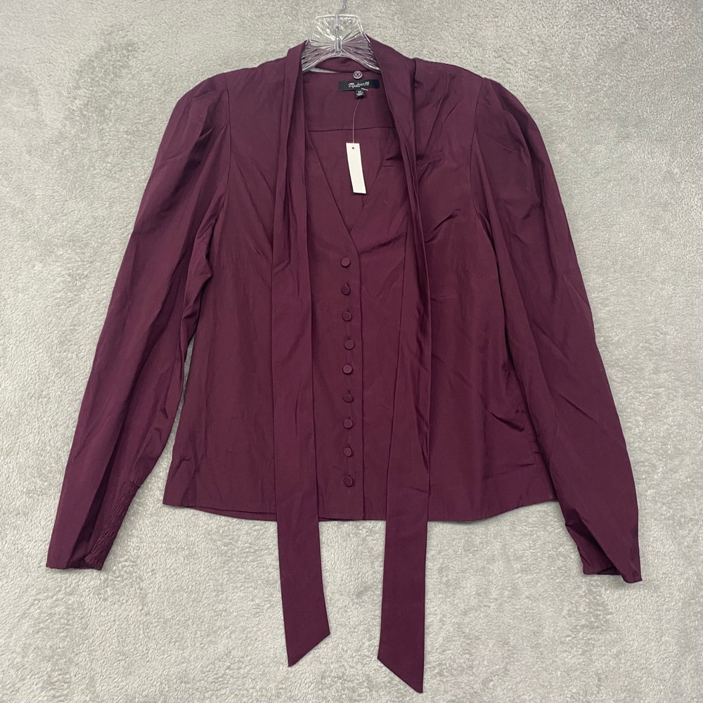 Madewell Top Womens XS V Neck Puff Sleeve Blouse Tie Cabernet Burgundy NY535 - Picture 2 of 8